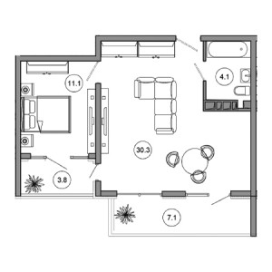 1 комнатная 56.4м²