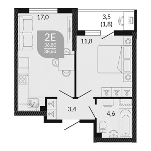 1 комнатная 38.6м²