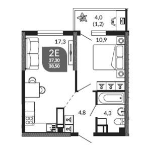 1 комнатная 38.5м²