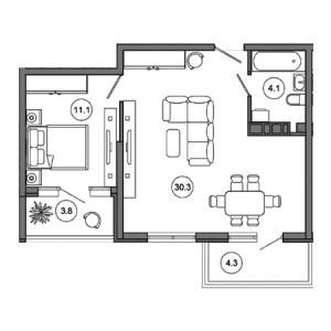 1 комнатная 53.6м²