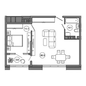 1 комнатная 49.4м²