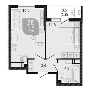 1 комнатная 37.6м²