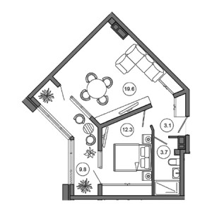 1 комнатная 48.5м²