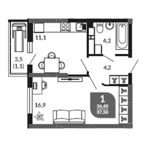 1 комнатная 37.5м²