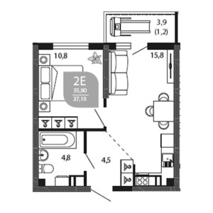 1 комнатная 37.1м²