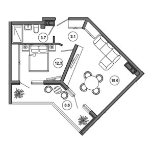 1 комнатная 47.3м²