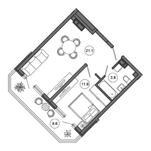 1 комнатная 45м²