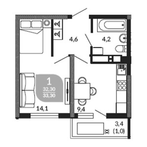 1 комнатная 33.3м²