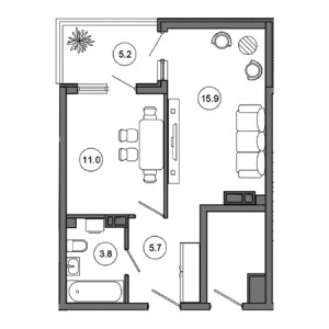 1 комнатная 41.6м²