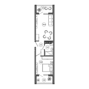 1 комнатная 40.8м²