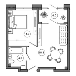 1 комнатная 38.8м²