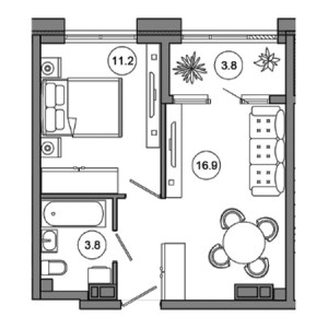 1 комнатная 35.7м²