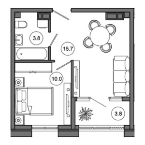 1 комнатная 33.3м²