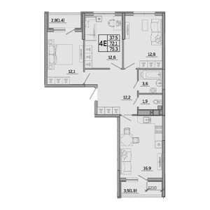 3 комнатная 75.3м²