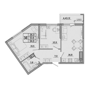 2 комнатная 54.9м²