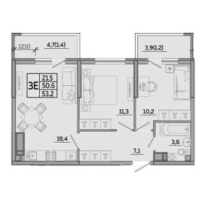 2 комнатная 53.2м²