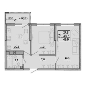 2 комнатная 49.9м²