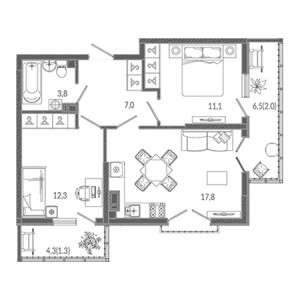 2 комнатная 55.3м²