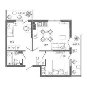 2 комнатная 54.9м²