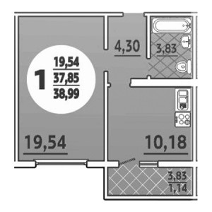 1 комнатная 38.99м²