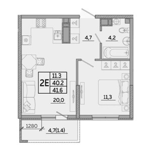 1 комнатная 41.6м²