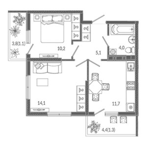 2 комнатная 47.5м²