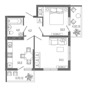 2 комнатная 45.4м²