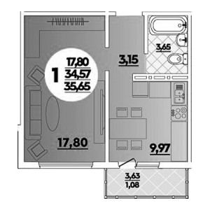 1 комнатная 35.65м²