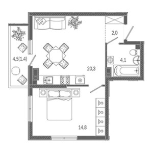 1 комнатная 42.6м²