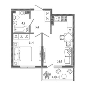 1 комнатная 38.7м²