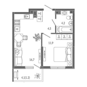 1 комнатная 38.5м²