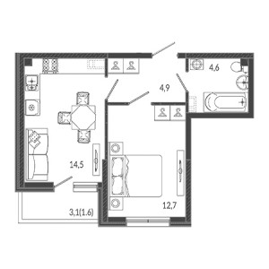 1 комнатная 38.3м²