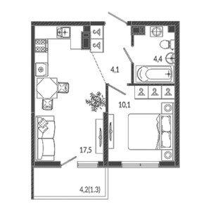 1 комнатная 37.4м²