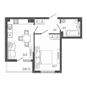 1 комнатная 37.9м²