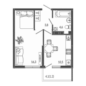 1 комнатная 36.4м²