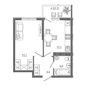 1 комнатная 35.8м²