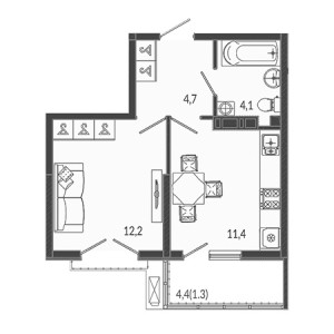 1 комнатная 33.7м²