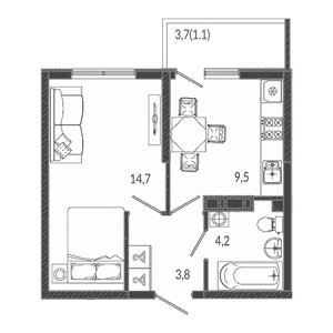 1 комнатная 33.3м²