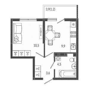 1 комнатная 29.7м²