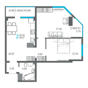 2 комнатная 64.07м²