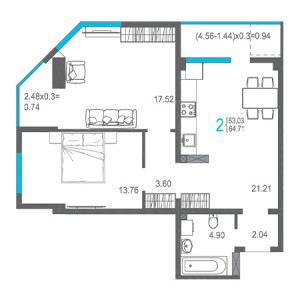 2 комнатная 64.71м²