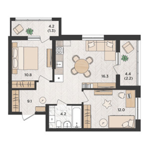 2 комнатная 55.9м²