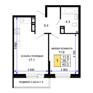 1 комнатная 40.3м²