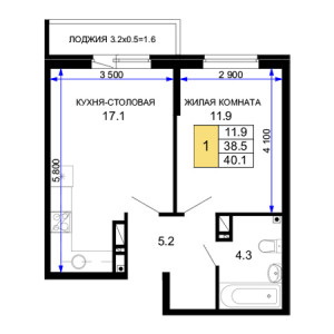 1 комнатная 40.1м²