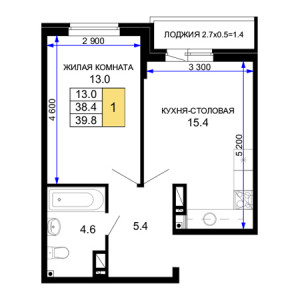 1 комнатная 39.8м²