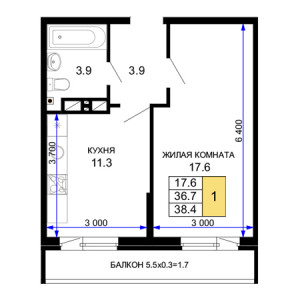 1 комнатная 38.4м²