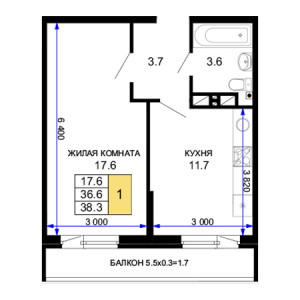 1 комнатная 38.3м²