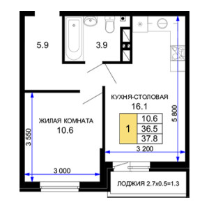 1 комнатная 37.8м²