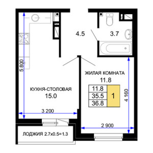 1 комнатная 36.8м²