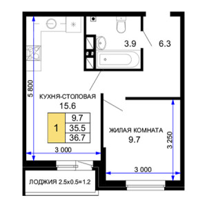 1 комнатная 36.7м²